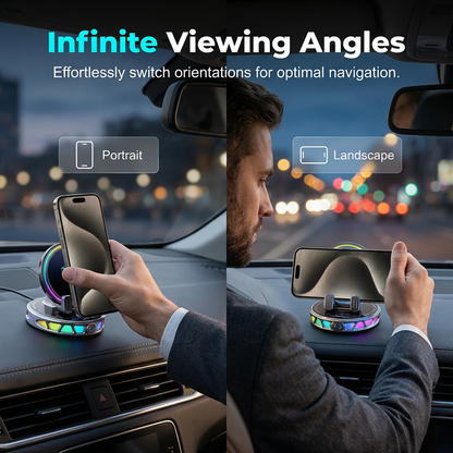 Car Phone Holder - 360° Rotating Automatic Wireless Charger with Adjustable Auto-Locking Gravity Linkage, RGB LED Light-Up Touch Control, Vacuum Suction Car Interior Accessory for Dashboard & Windshield, Compatible with iPhone & Android