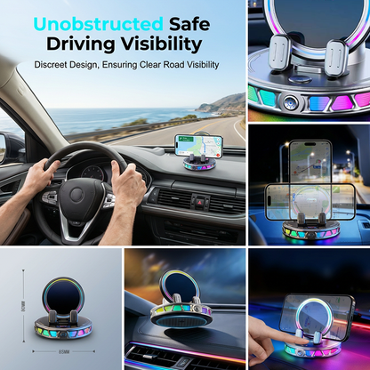 Car Phone Holder - 360° Rotating Automatic Wireless Charger with Adjustable Auto-Locking Gravity Linkage, RGB LED Light-Up Touch Control, Vacuum Suction Car Interior Accessory for Dashboard & Windshield, Compatible with iPhone & Android