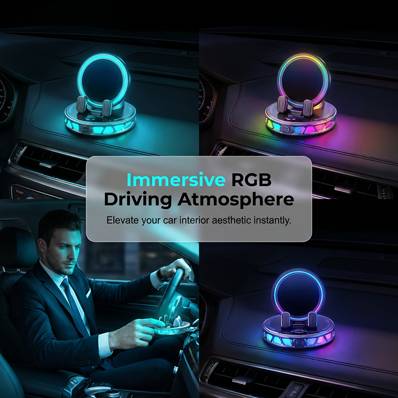 Car Phone Holder - 360° Rotating Automatic Wireless Charger with Adjustable Auto-Locking Gravity Linkage, RGB LED Light-Up Touch Control, Vacuum Suction Car Interior Accessory for Dashboard & Windshield, Compatible with iPhone & Android