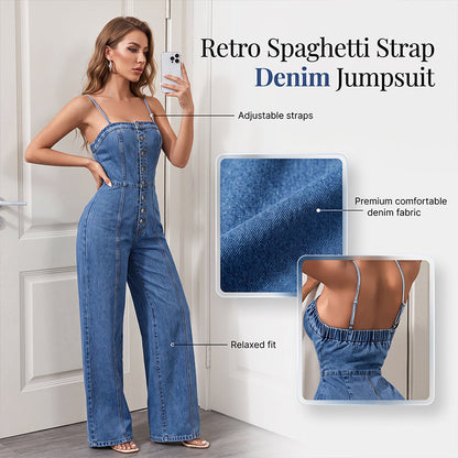 Women's Casual Denim Halter Backless Wide Leg Pants