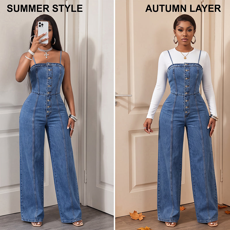 Women's Casual Denim Halter Backless Wide Leg Pants