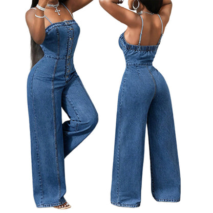 Women's Casual Denim Halter Backless Wide Leg Pants