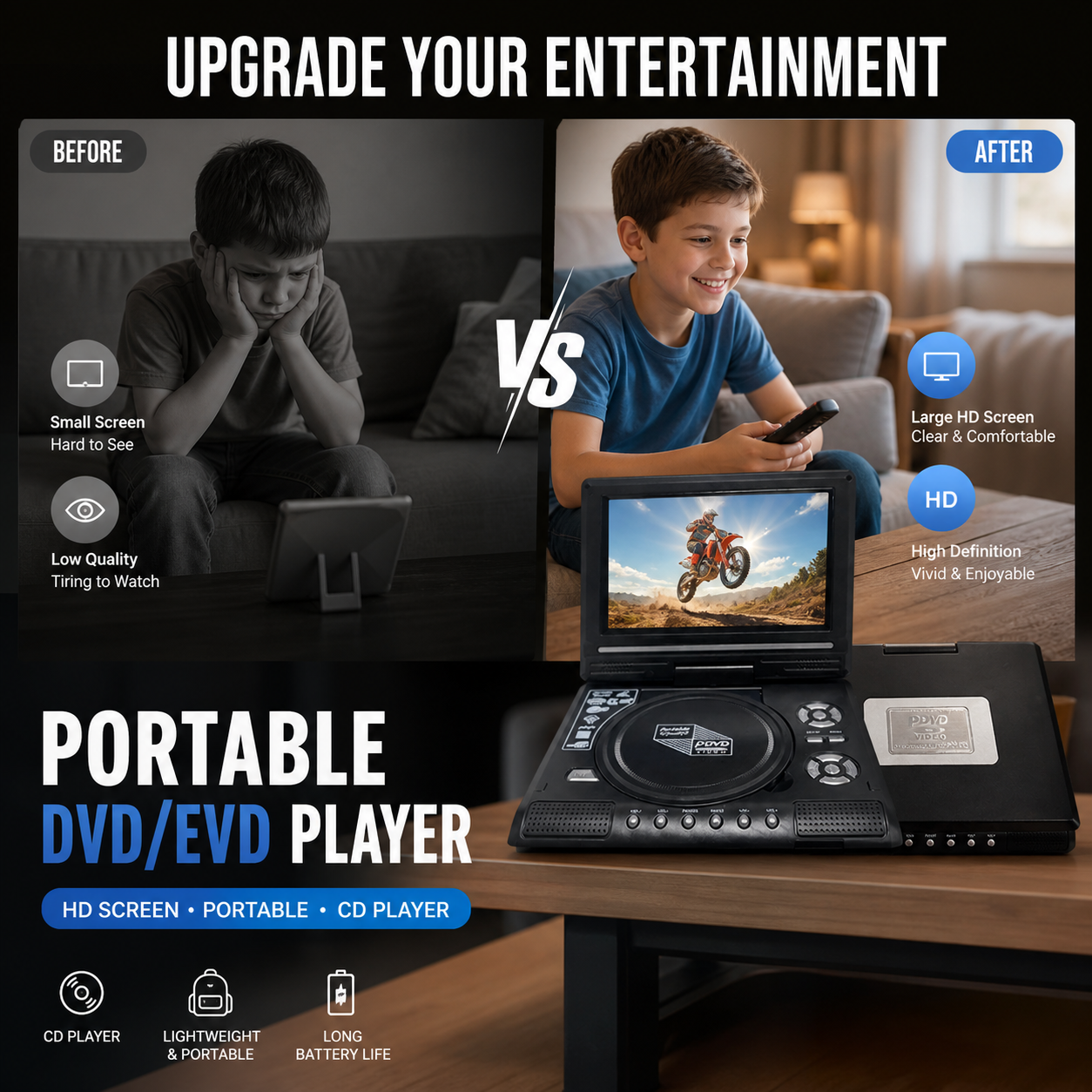 📺 7.8" HD Portable DVD/EVD Player – Large Screen, Rechargeable & Compatible with DVD/CD/USB/SD – Perfect for Home & Travel