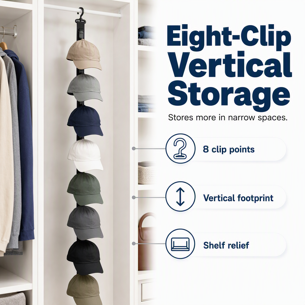 ✨ 8-Clip Wall Mount Hat Rack – Helps Save Space & Display Your Cap Collection, for Bedroom, Closet