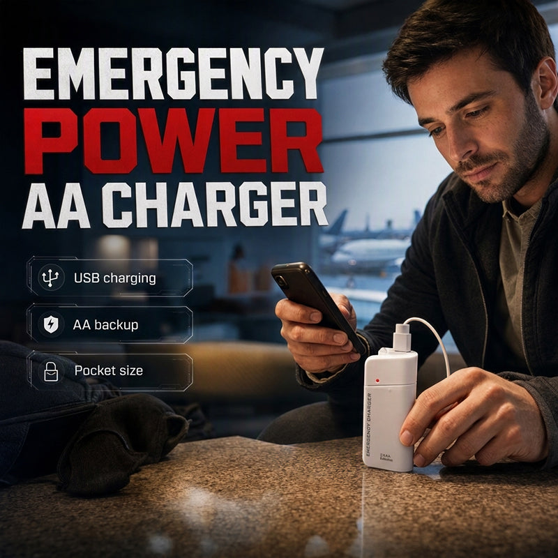 Portable Emergency Phone Charger‑AA Battery‑Powered Power Bank with LED Flashlight, Pocket‑Size USB Emergency Backup Charger for Outdoor Travel Camping