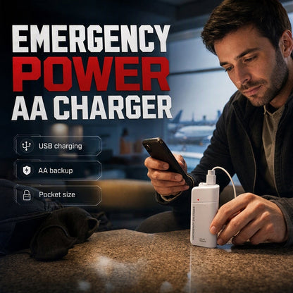 Portable Emergency Phone Charger‑AA Battery‑Powered Power Bank with LED Flashlight, Pocket‑Size USB Emergency Backup Charger for Outdoor Travel Camping