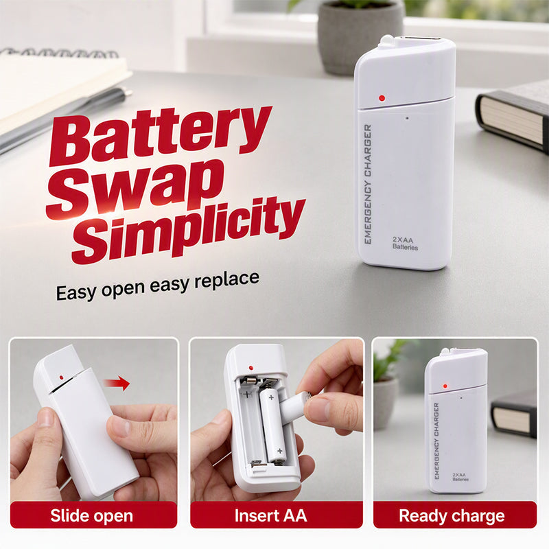 Portable Emergency Phone Charger‑AA Battery‑Powered Power Bank with LED Flashlight, Pocket‑Size USB Emergency Backup Charger for Outdoor Travel Camping