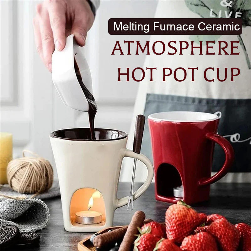 Ceramic Chocolate and Cheese Fondue Melter Mug with Fork