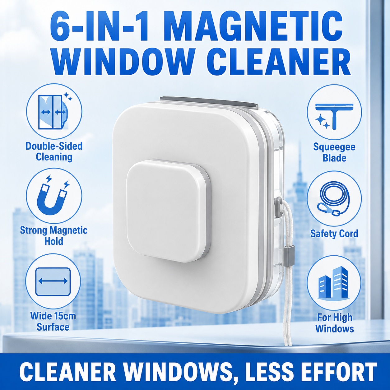 ⚡6‑in‑1 Magnetic Glass Cleaner – 30% wider cleaning area, perfect for high‑rise windows. Dual pads + squeegee – flawless results from the first pass! 🪣🪟