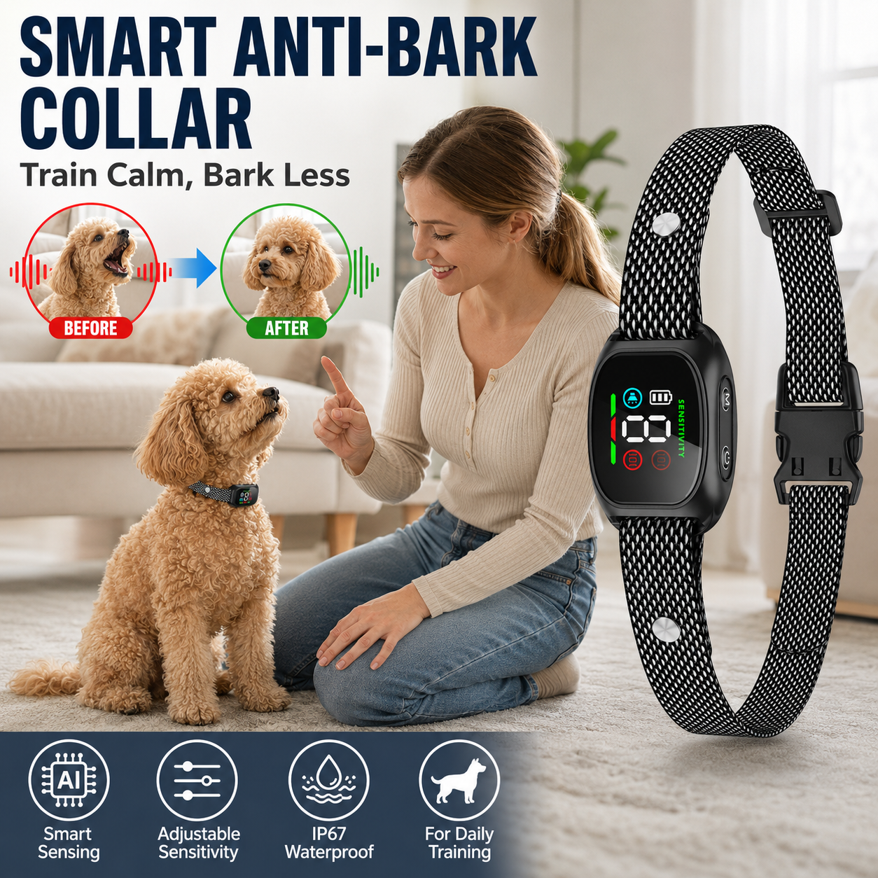 🛡️🐾 50% OFF! Anti Bark Collar – Smart anti‑false triggering filters out other barks. IP67 waterproof & USB rechargeable – worry‑free training anywhere! 💦✅