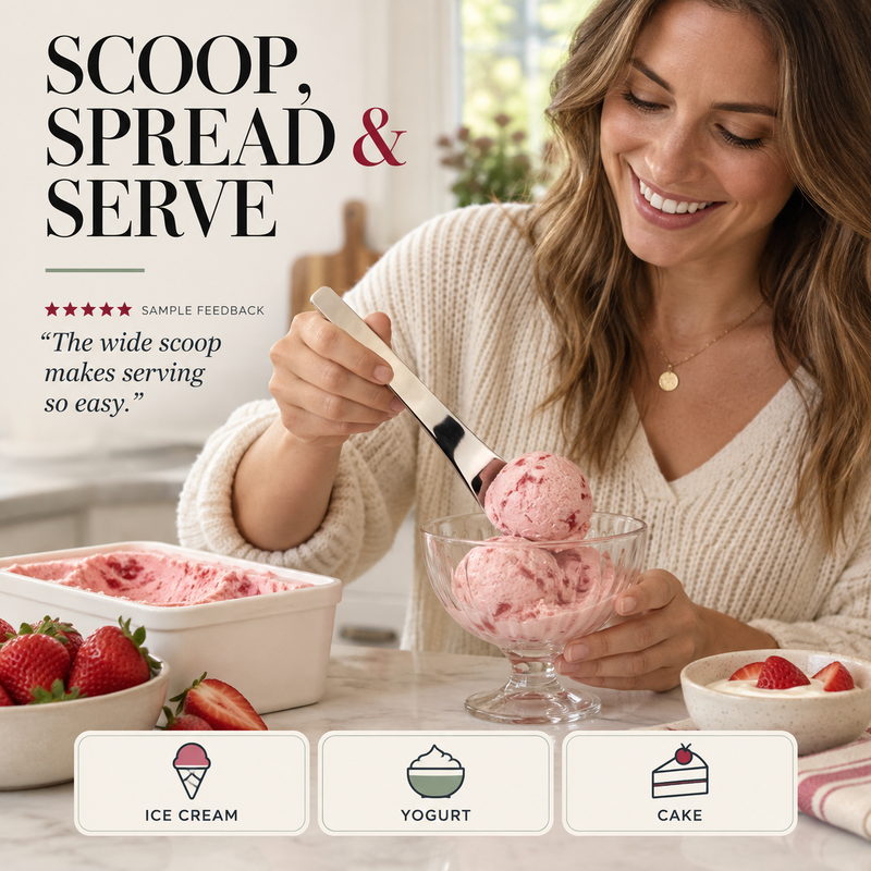 Long-Handle Dessert Spoon✨Wide Shallow Scoop, Multipurpose Metal Spoon for Ice Cream, Jam, Yogurt, Cake & Daily Kitchen Use