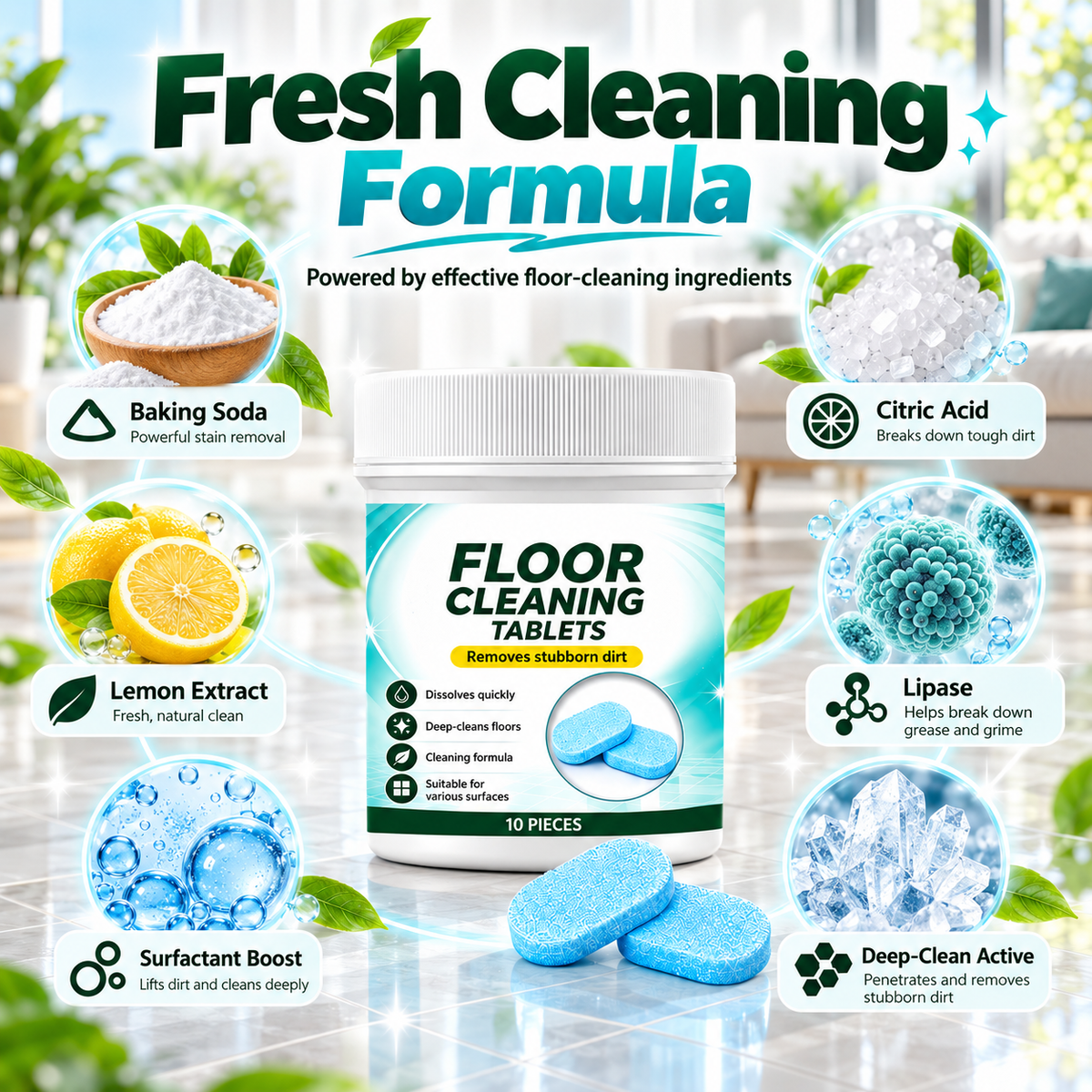Floor Cleaning Effervescent Tablets for Mopping and Robot Vacuums