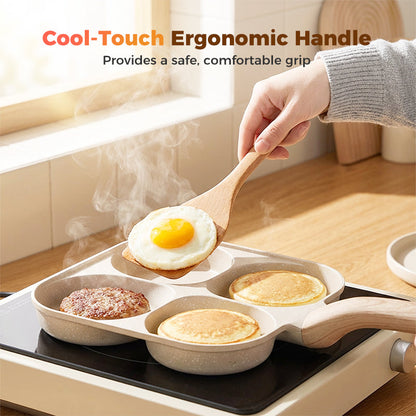 Non-stick Hole Design Egg Frying Pan, 4 Hole Skillet with Handle, Small Egg Fry Pan 3-in-1 Divided Grill Pan, Wooden Handle Stone Omelet Non-stick Cookware