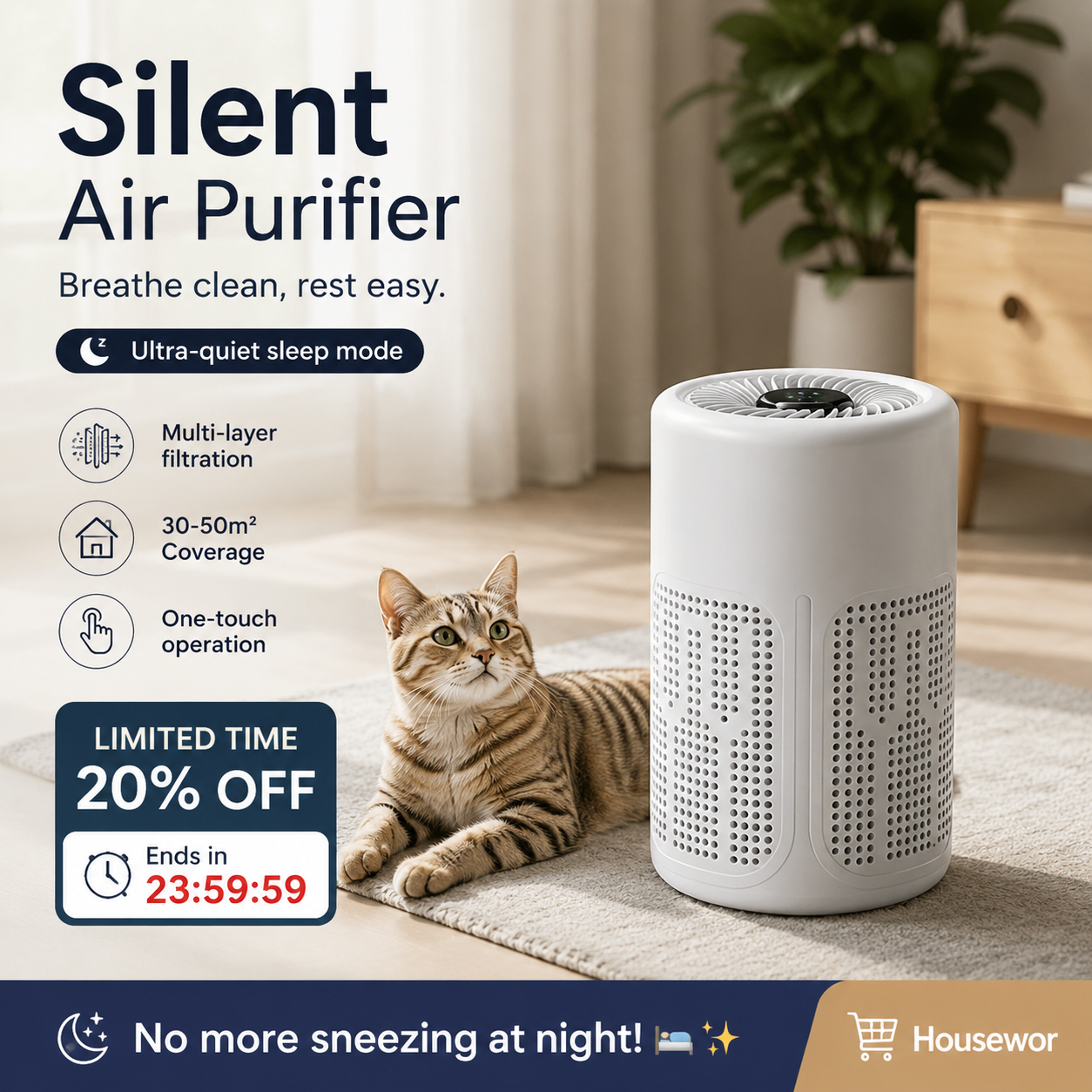 🥳 Silent Air Purifier – Multi‑layer filtration, ultra‑quiet sleep mode. Covers 30‑50m², one‑touch operation. Breathe clean, rest easy. No more sneezing at night! 🛌✨